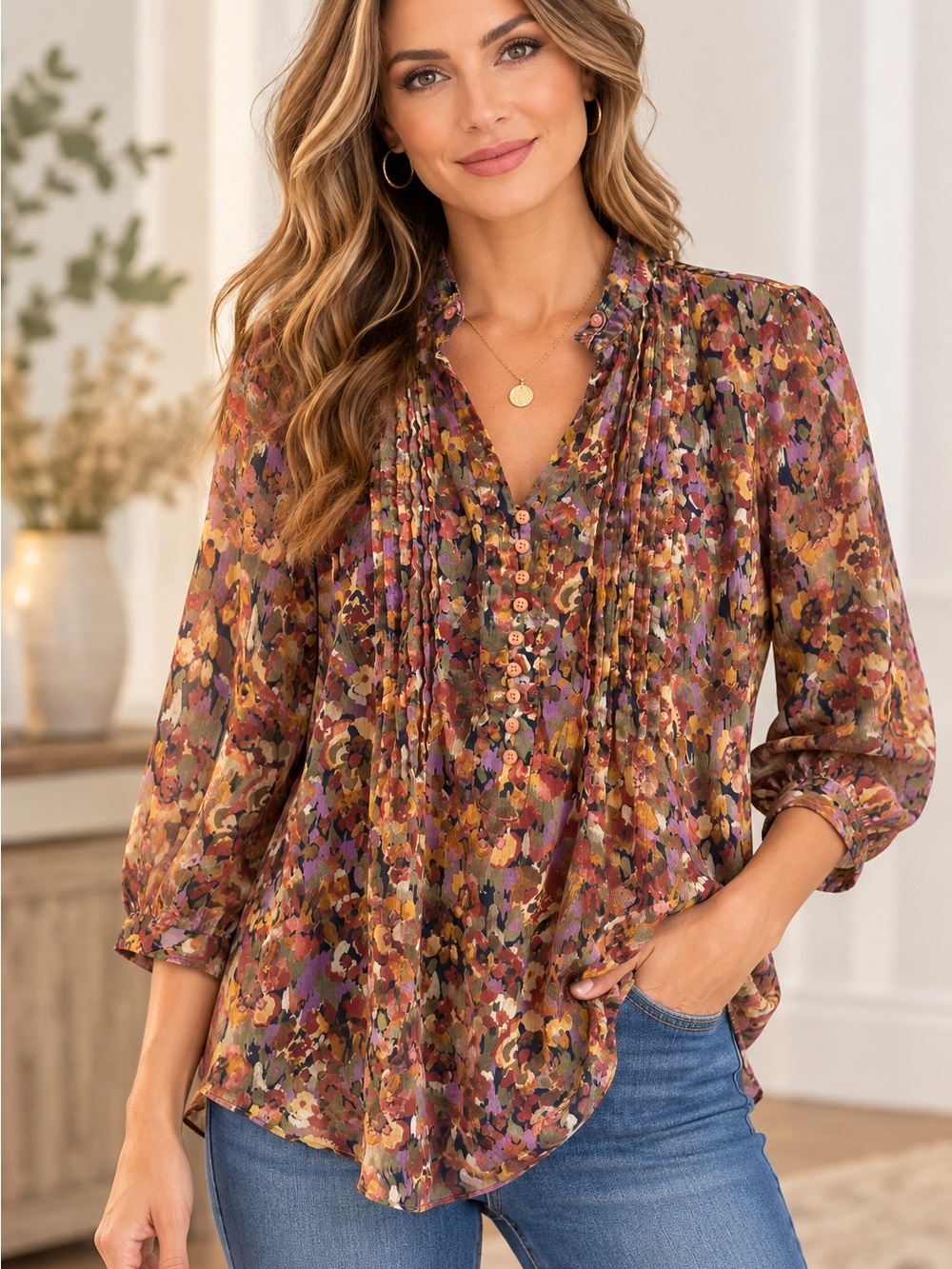 Coldwater Creek Floral Pintuck Blouse - Rust, Purple, Mustard